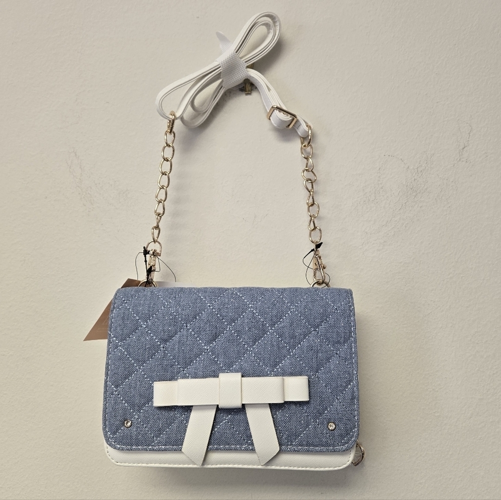 Rabbit Bow Faux Leather Quilted Shoulder crossbody Bag White Blue - Picture 9 of 9